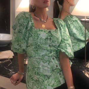 GANNI puffy sleeve rose print cotton poplin green top Sz 38 6